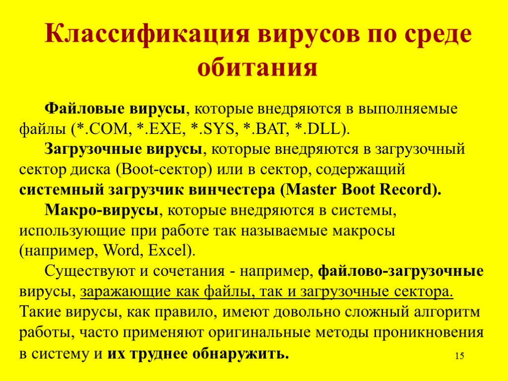 15 Классификация вирусов по среде обитания Файловые вирусы, которые внедряются в выполняемые файлы (*.СОМ,